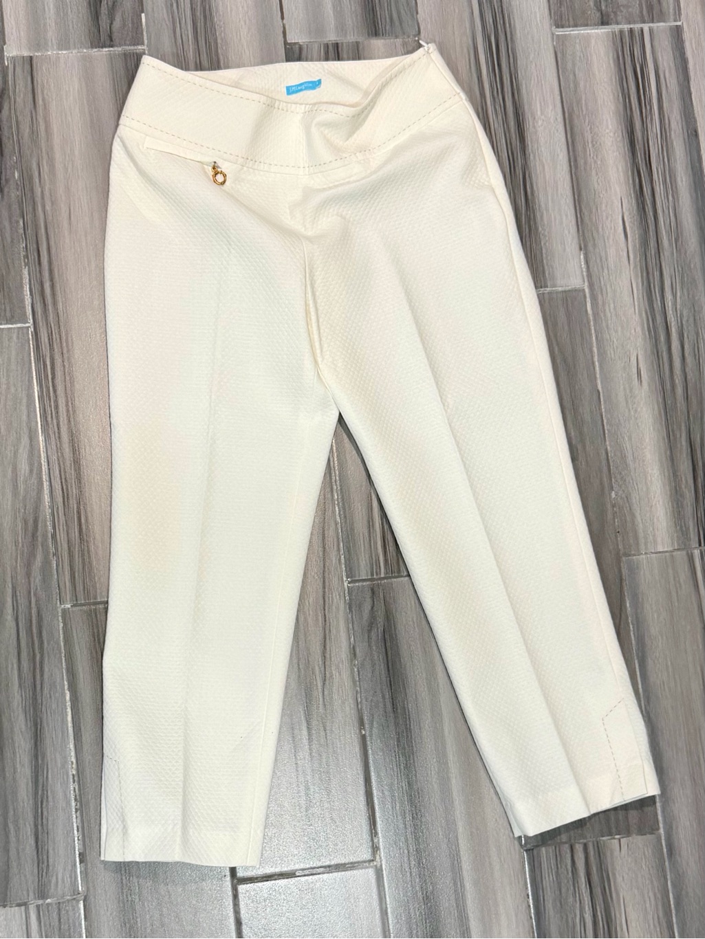 J. Mclaughlin Cream Textured Straight Leg Pants With Gold Accent
